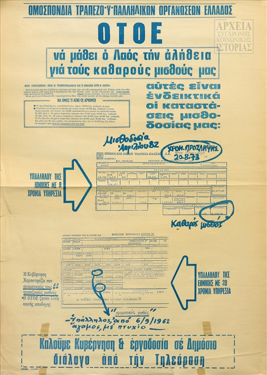 Αφίσα της ΟΤΟΕ αναφορικά με τους μισθούς (1983)